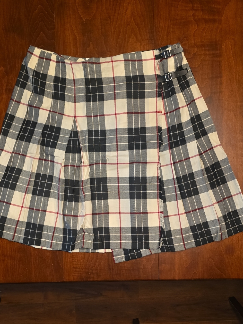 Talbots Navy, Cream White and Red Plaid Wool Wrap Skirt